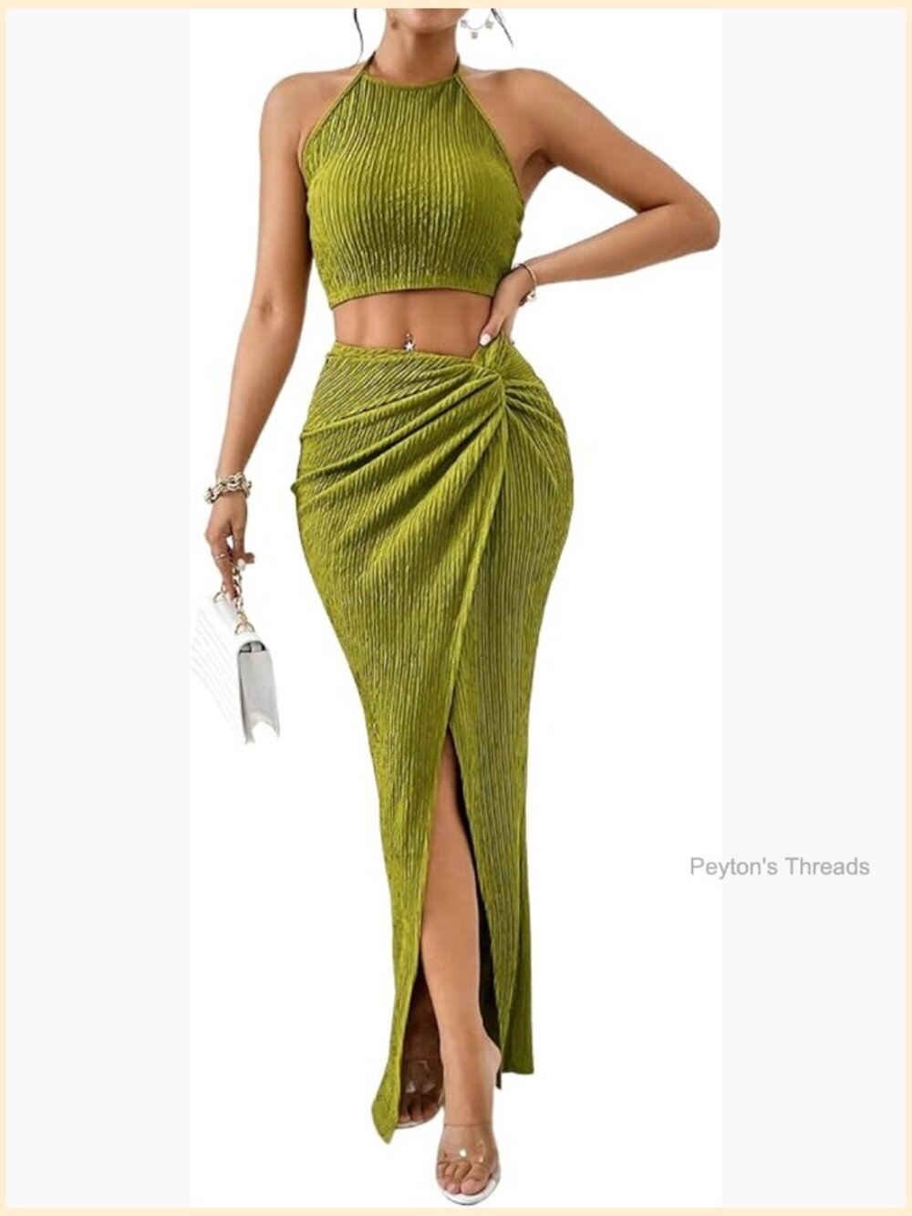 2 Piece Summer Sets Textured Halter Crop Top and Split Maxi Skirt Set Going Out
